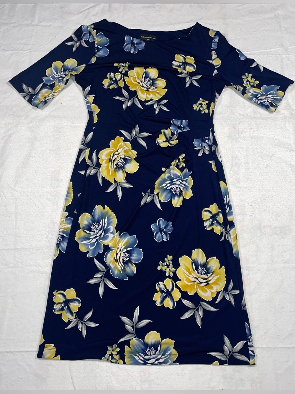 Connected Apparel 8 Deep Blue Yellow Floral Ruched Bodycon Short Sleeve Dress